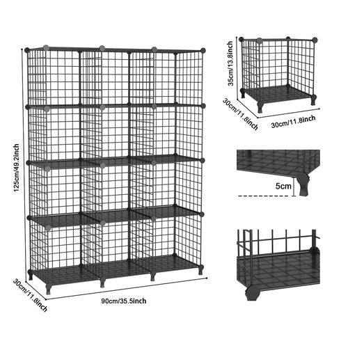 ATTDETJL 12-Cube Storage Organizer, Metal Wire Cube Shelving Unit, 11.8" L x 11.8" W x 11.8" H, Modular Grid Bookshelf for Closet, Bedroom, Office, Black ATTJL12B