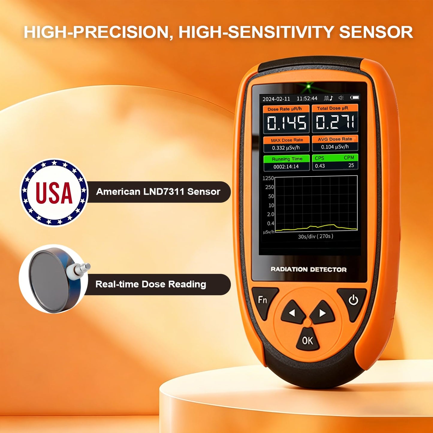 AKSTEST HFS-7311 Radiation Detector, High-Sensitivity Radiation Detector for X, Gamma, Alpha, Beta Rays, Real-Time Monitoring, LCD Display, Alarm Alerts, for Labs, Industrial & Personal Safety