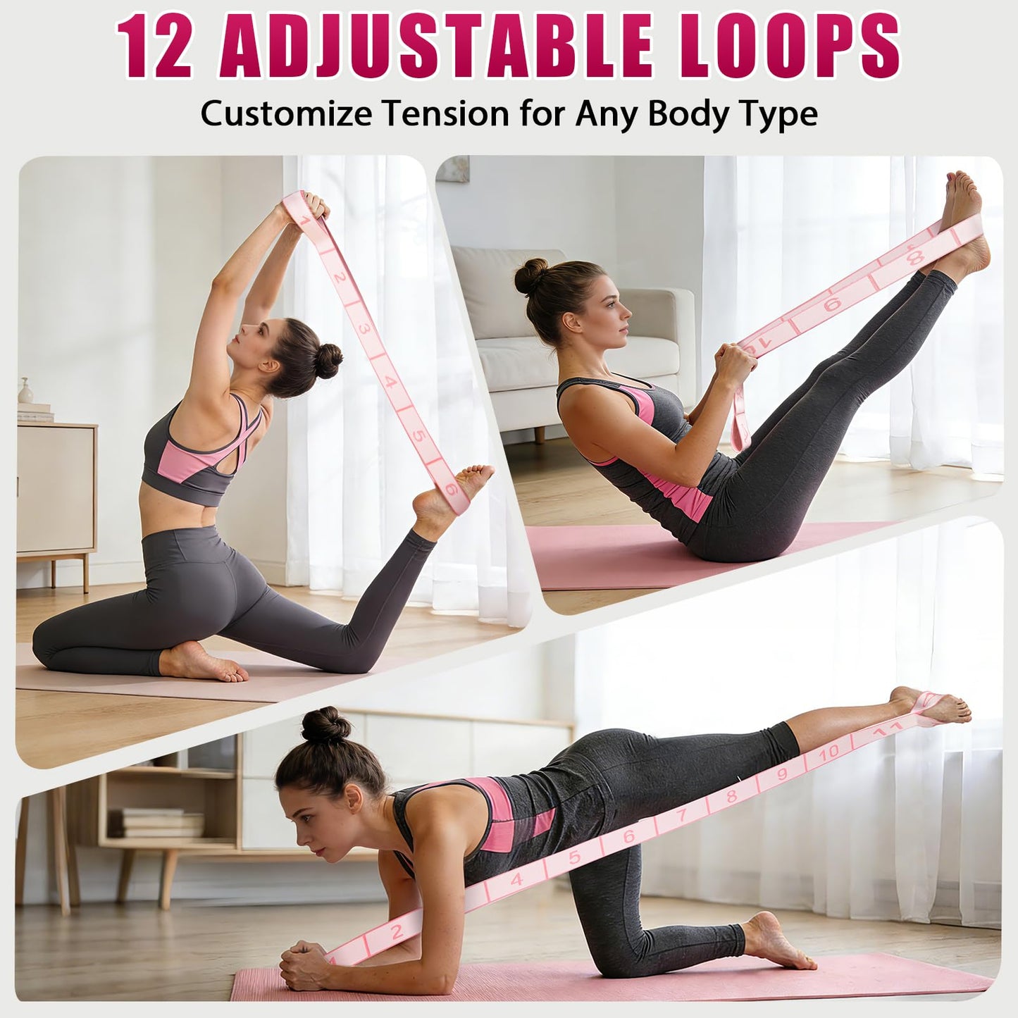 KUZARO Fitness Resistance Bands with 12 Loops, Numbered Resistance Bands for Physical Therapy, Women Stretch Strap for Home Gym, Elastic Exercise Bands for Yoga, Pilates, Leg Stretching, Dance