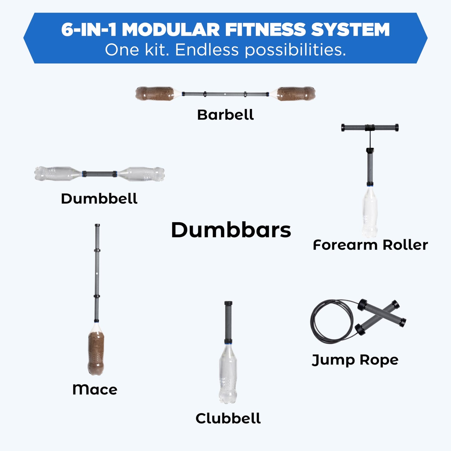 Dumbbars Modular Fitness Bar – 6-in-1 Portable Home Gym System for Clubbell, Mace, Forearm Training, Jump Rope, Dumbbell & Barbell | Adjustable Weight Bar for Strength, Posture & Full Body Workouts