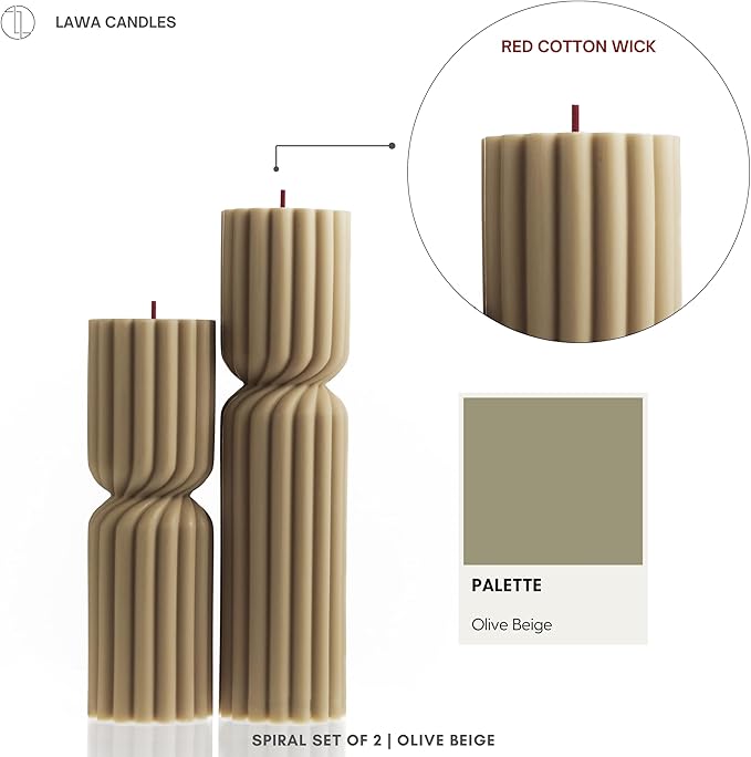 LAWA Spiral Spire Candle - Large Beautiful Handmade Pillar Scented Soy Wax Elegant Bubble Aesthetic Candle Housewarming Gift Home Room Shelf Decor Idea White (Set of 2, Olive Beige)