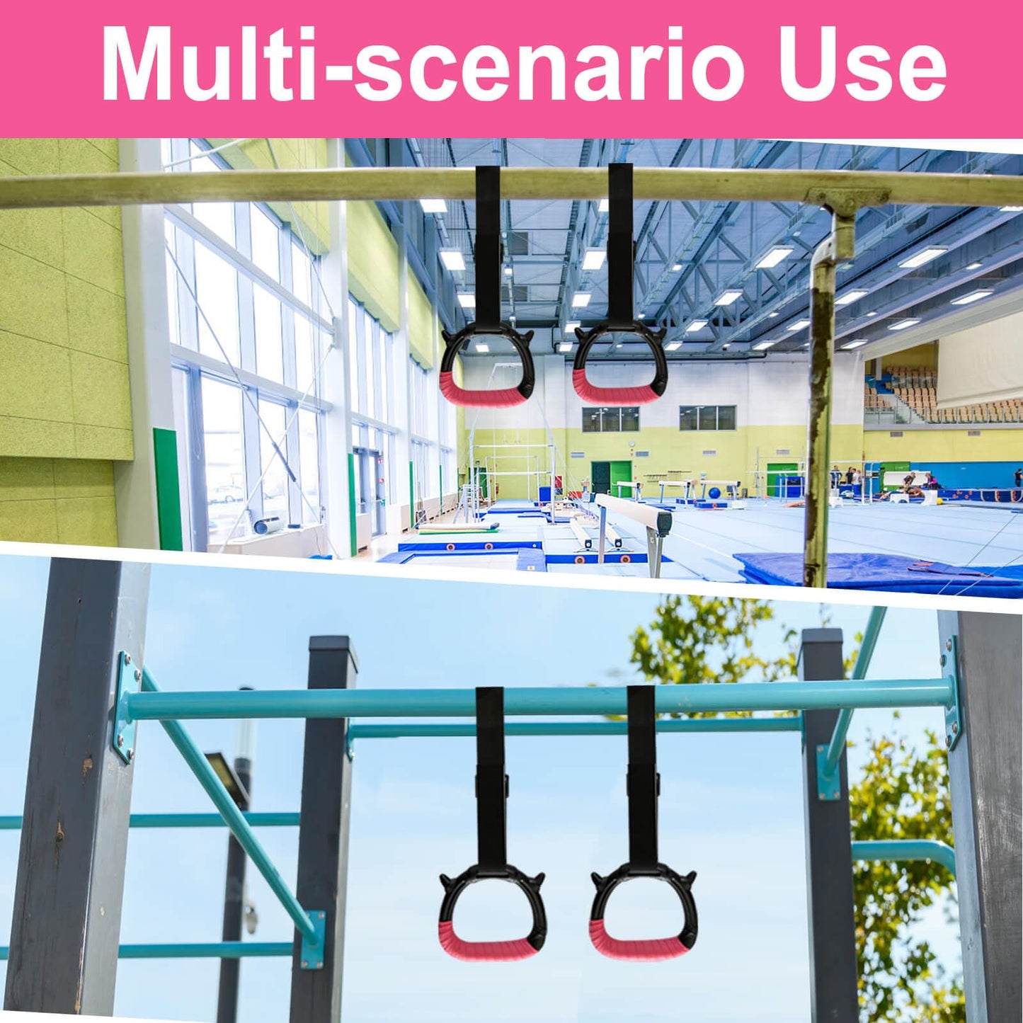Tepemccu Gymnastics Rings for Kids, Pull Up Rings with Adjustable Straps for Children Home Gym Strength Training (Pink)