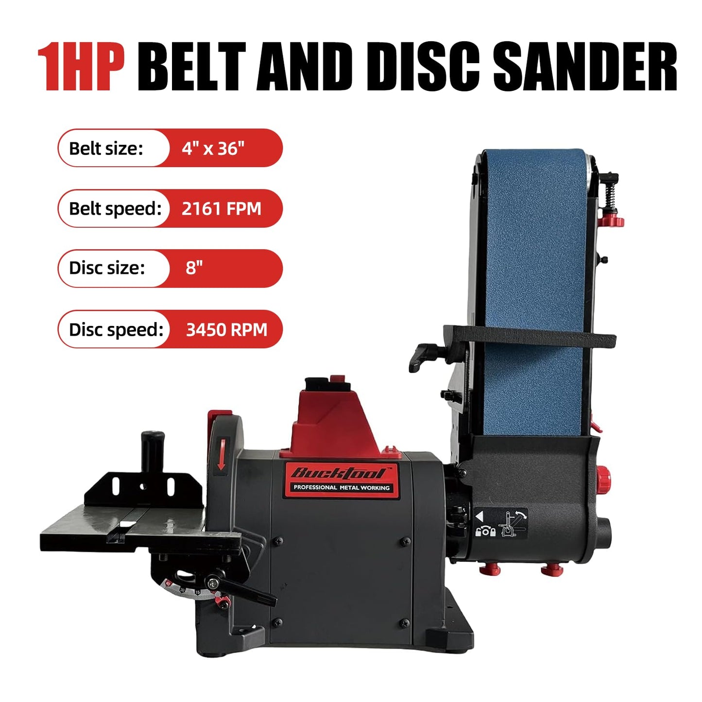 BUCKTOOL Pro 1HP Bench Belt Sander for Metal Working, 4 x 36 in Belt and 8 in Disc Sander with 1HP Direct-drive Motor, Benchtop for Metalworking, BD4801-M