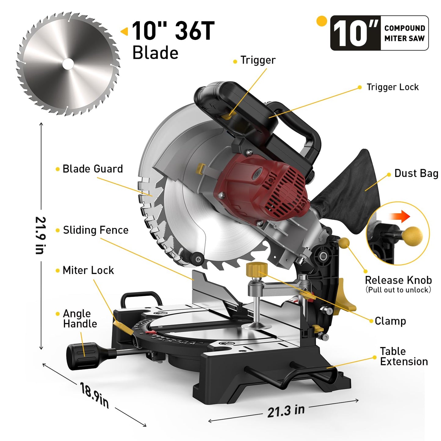 Marvtool 10-inch Compound Miter Saw, 5000RPM, 15 Amp, Single Bevel 0-45° with Extension Table, 36T Blade, Power Saw for Metal, Plastic, Wood, Laminates