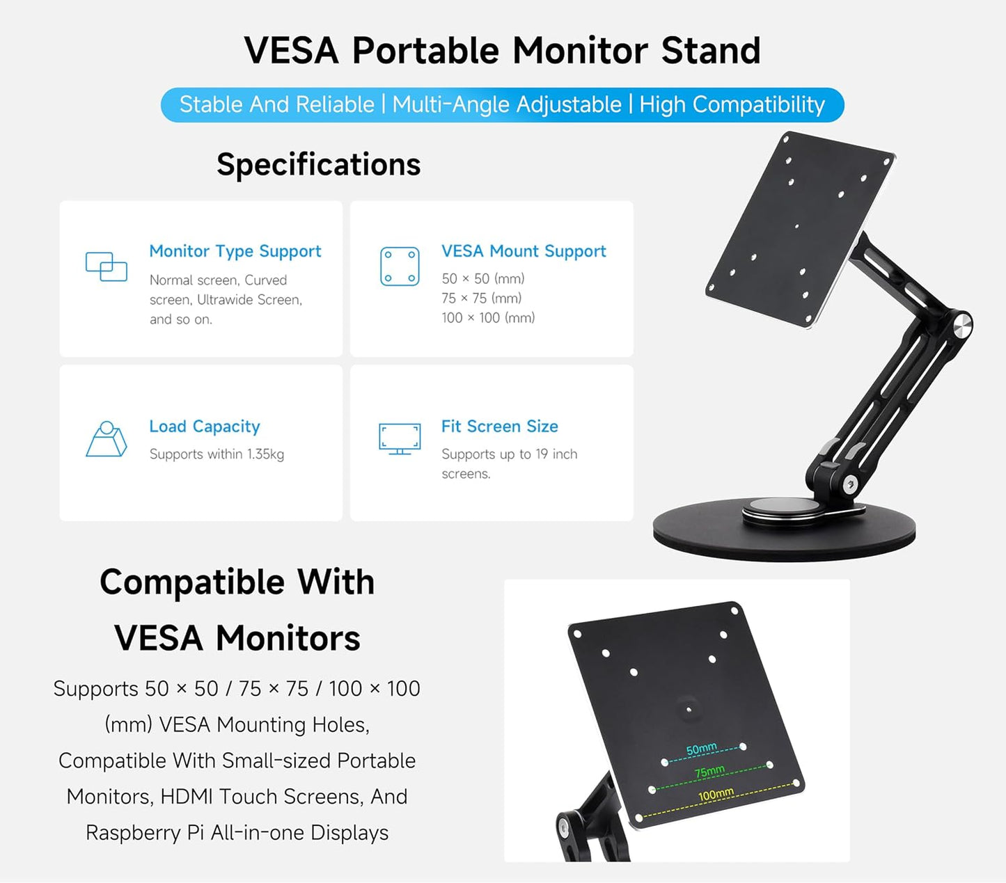 UeeKKoo 19inch, 50 50/75 75/100 100 (mm) VESA Portable Monitor Stand, Compatible with Monitors Up to Supports x x x