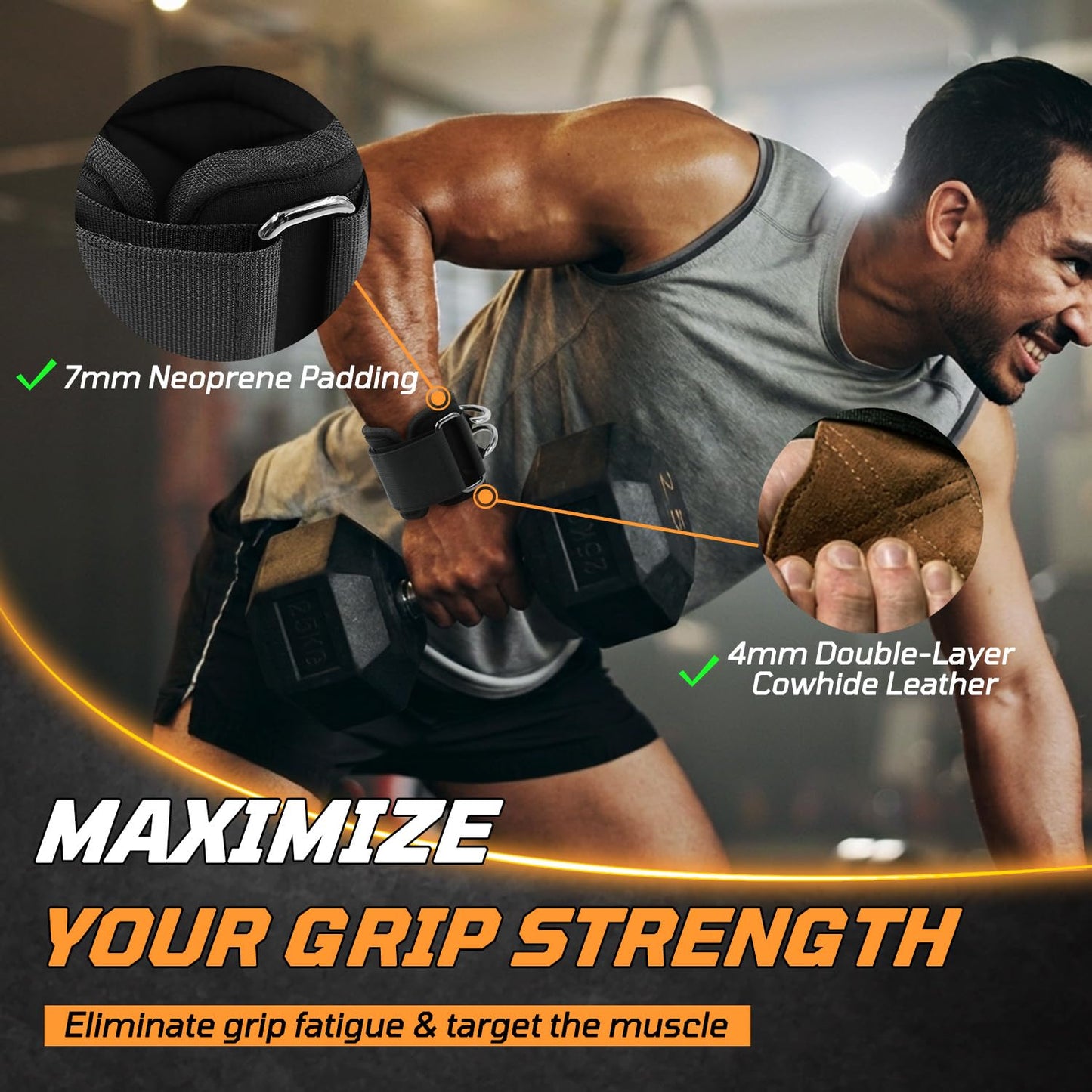 Lights Mountain Heavy Duty Weight Lifting Straps with Dual D-Rings, Leather Palm Grip, Neoprene Wrist Support for Deadlifts, Rows, Cable Machines & Free Weights