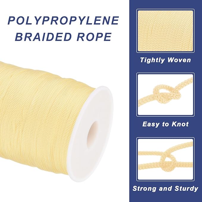 MECCANIXITY 1/12 Inch Polypropylene Rope Braided Ropes, 328ft Nylon Rope Hollow Utility Cord for Clothesline, Camping, Hiking, Outdoor, Beige White