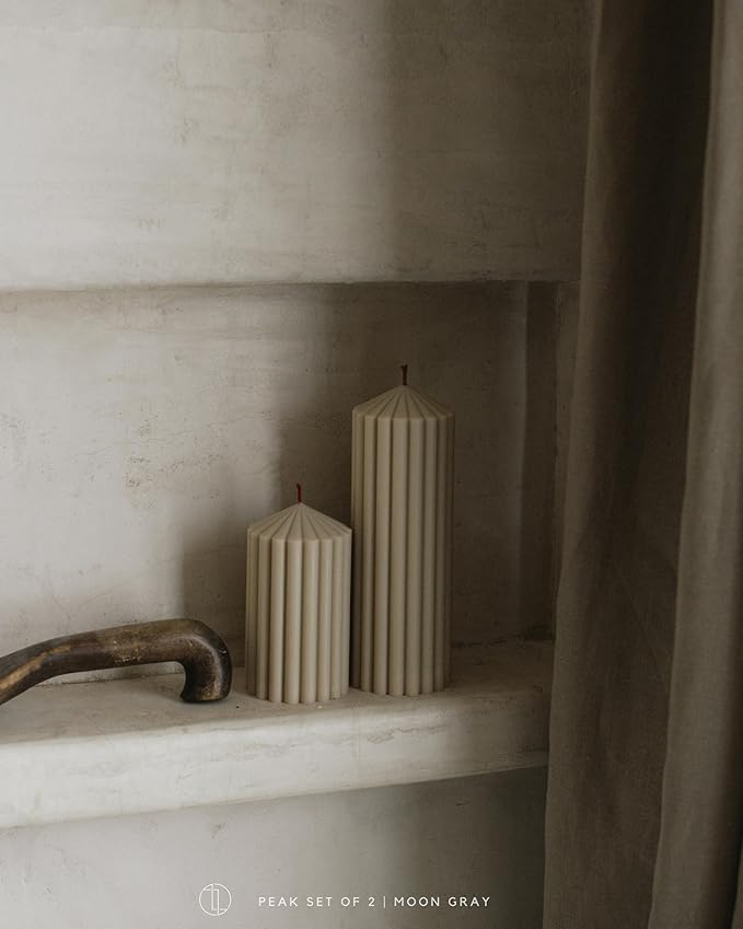 LAWA Ribbed Peak Pillar Candle - Large Beautiful Handmade Pillar Scented Soy Wax Candle Elegant Bubble Aesthetic Candle Housewarming Gift Home Room Shelf Decor Idea White (Set of 3, Moon Gray)