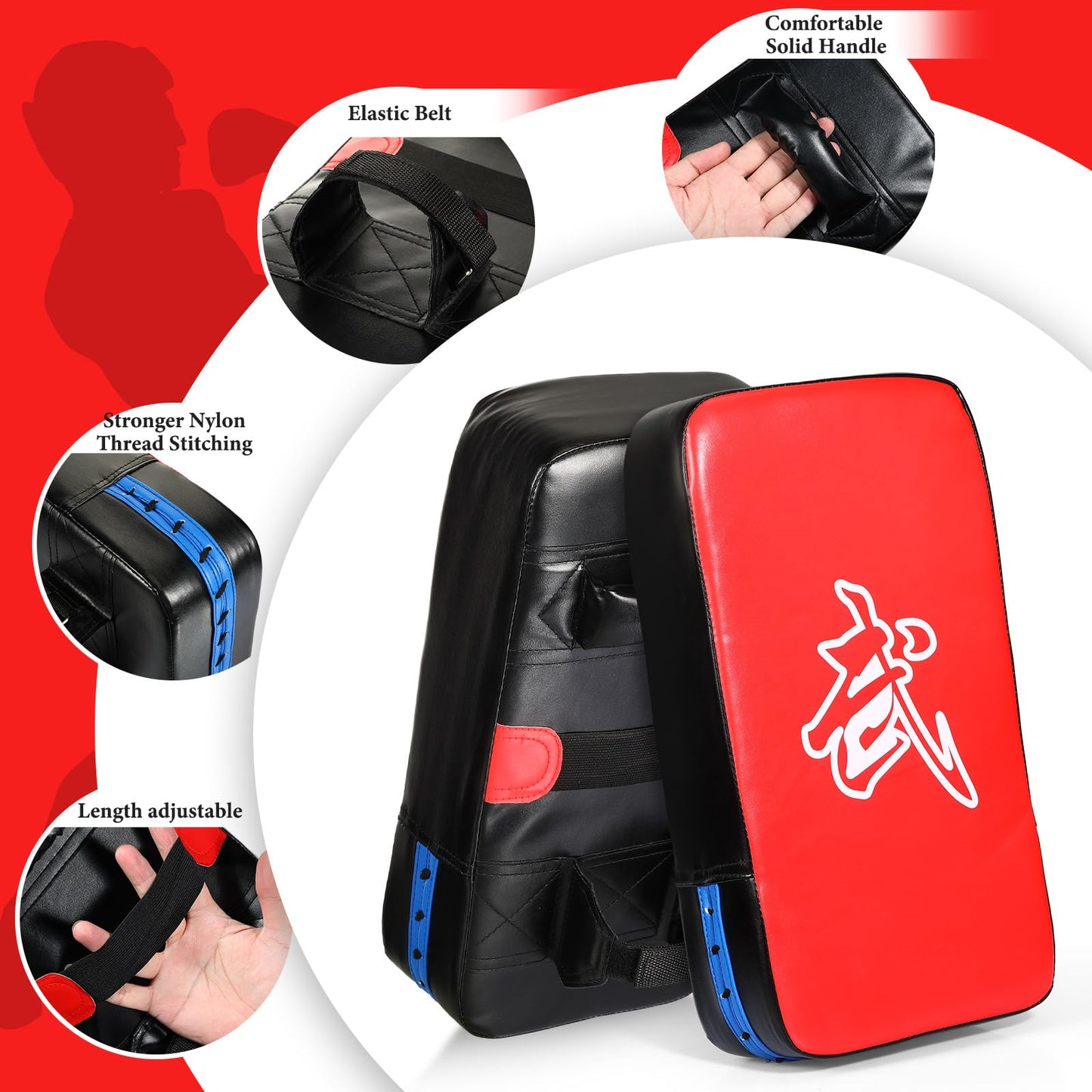 Poen 3 Pcs Taekwondo Kick Pads Muay Thai MMA Karate Sparring Gear Martial Arts Kickboxing Training Pads Punching Striking Target Equipment PU Leather Paddles Strike Curved Kick Shield(Red)