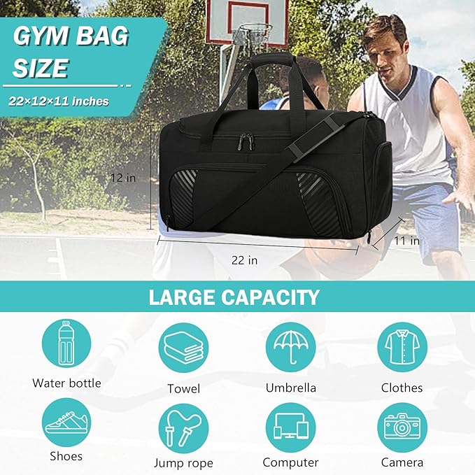 Urbanstand Gym Bag for Men - 22 Inch Sports Duffel Bags with Shoe Compartment, Large Overnight Weekender Gym Carry On Duffle Bag for Sport, Camping, Fitness & Workout, Black