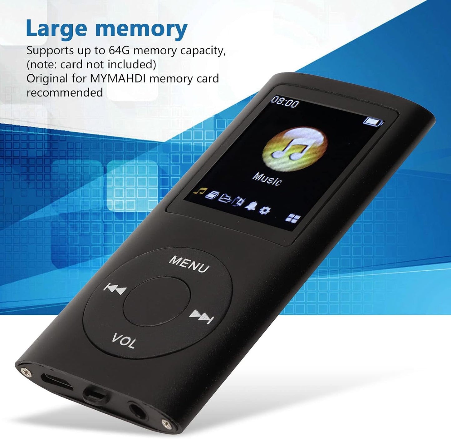 Estink MP3, MP3 1.8inch MP3 Mini Portable Stylish Multifunctional Lossless Sound Slim Player, Large LCD Screen Player