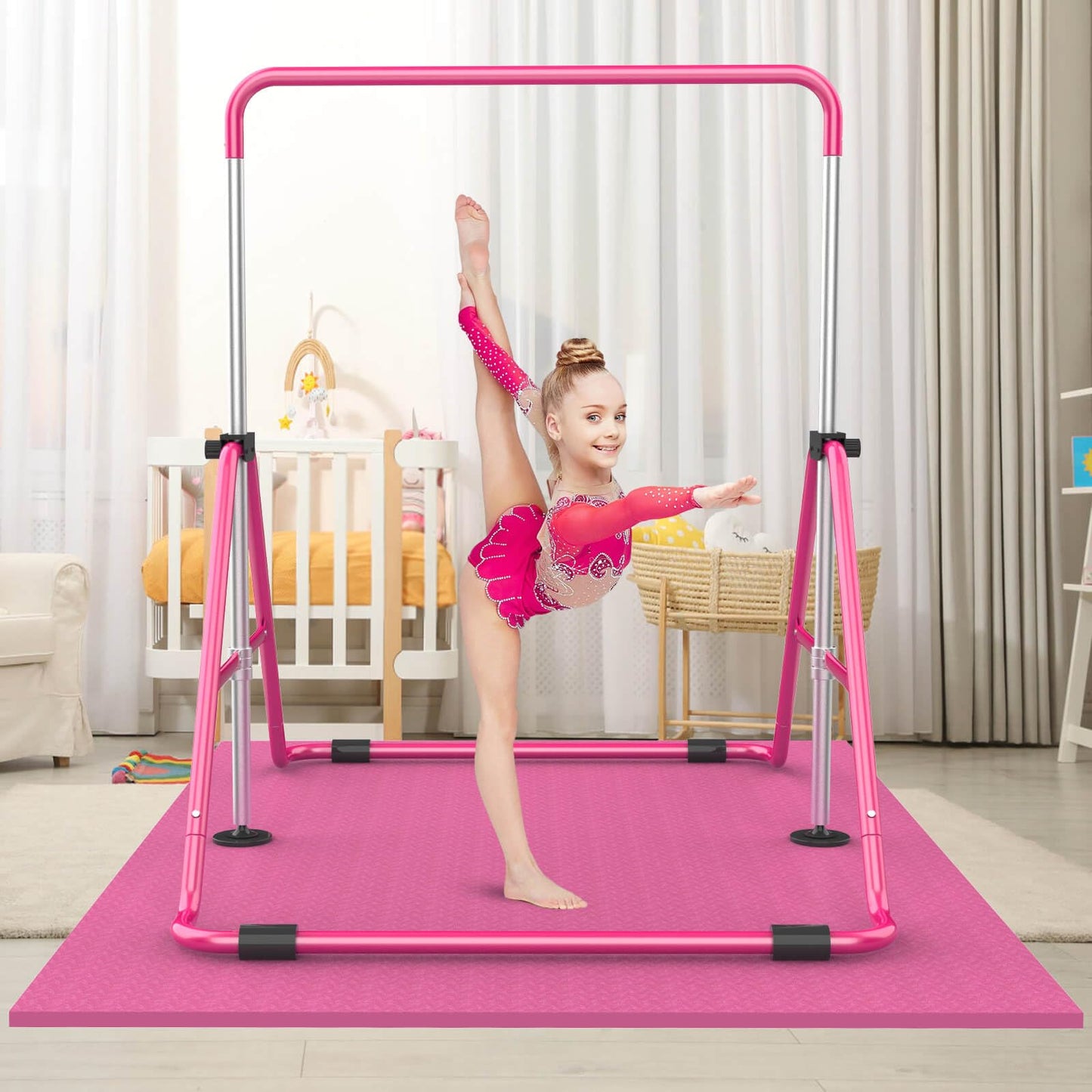 RINREA Gymnastic Bars for Kids with Adjustable Height, Folding Gymnastic Training Kip Bar, Expandable Horizontal Bar for Home (Pink_Mat)