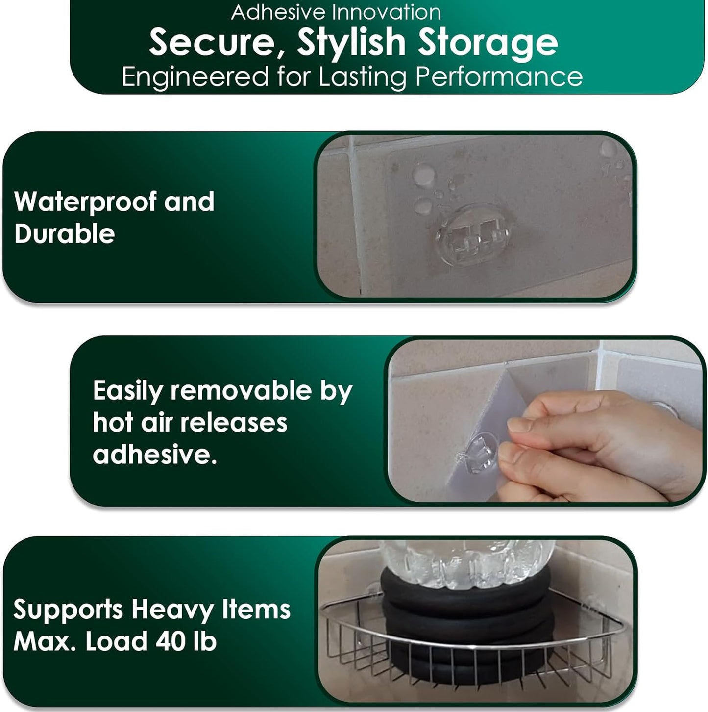 Skiennix Shower Caddy Adhesive Replacement Stickers - Strong Suction Hooks for Bathroom Storage | 3 Hooks, Transparent