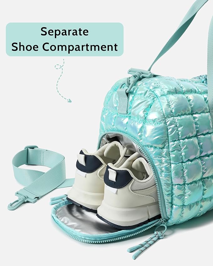 Quilted Duffel Bag for Women, Puffer Gym Duffle Bag with Shoe Compartment Lightweight Large Crossbody Sport Travel Bag Tote Blue Glacier