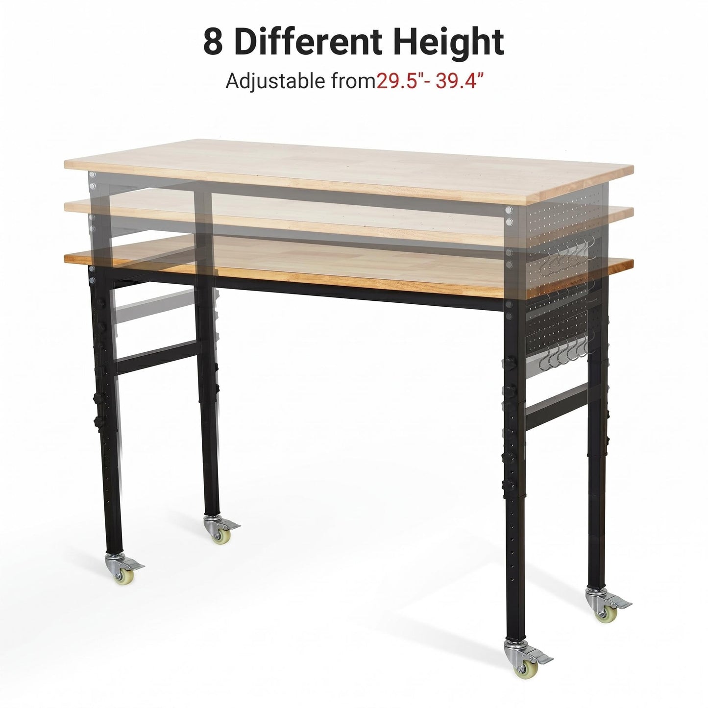 48" Height Adjustable Workbench, 2000 LBS Load Capacity Rubber Wood Top, Heavy Duty Workstation with Wheels, Hardwood Work Table for Garage Workshop Home Repair