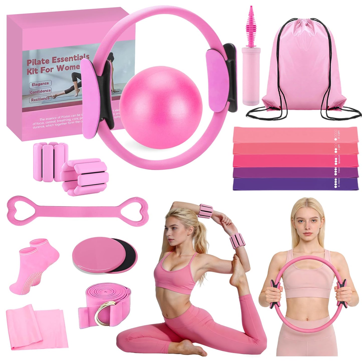 VIOXIA Pilates Kit for Home Workouts – Pilates Equipment Set with Ring, Ball, Resistance Bands, Pilates Accessories, Pilates Essentials Kit for Women, Pilates Sets for Home Exercise（Pink）