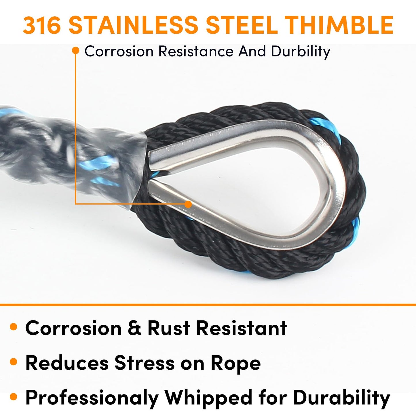 Anchor Rope 200 ft X 5/8 inch Combination Kit,with 5/16" x 10' 316 SS Anchor Chain, 3-Strand Twisted Nylon Anchor Line, Anchor Rope and Chain with Stainless Steel Thimble and Shackle (Black/Blue)