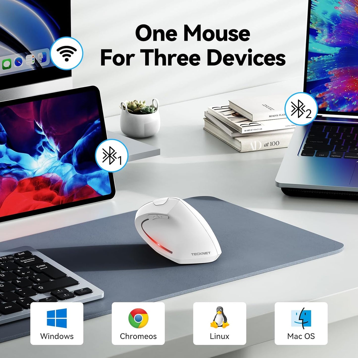 TECKNET 4800 6 2.4GHz 12 6 Ergonomic Mouse, Wireless Bluetooth Vertical Mouse, DPI Optical Tracking, Adjustable DPI