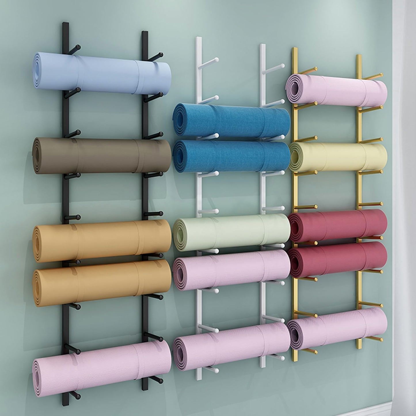 amhricho Yoga Mat Storage Rack, Wall Mounted Yoga Mat Holder, Large Capacity Storage Shelf, Multi-layer Storage, Home Hanging Storage Racks, Suitable for Home, Yoga Studio, Gym, School(Black,5-Tier)