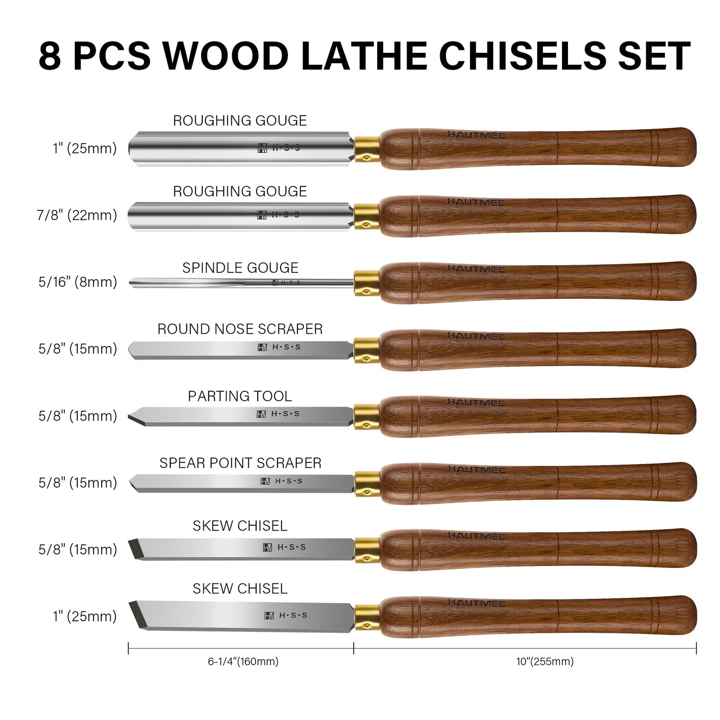 HAUTMEC Expert Wood Lathe Chisel Set 8 PCS, M2 HSS Wood Turning Tools with Teak Handles & Portable Storage Bag, Roughing Gouge, Skew, Parting, Scraper, for Beginners & Professionals - HTWCH25028
