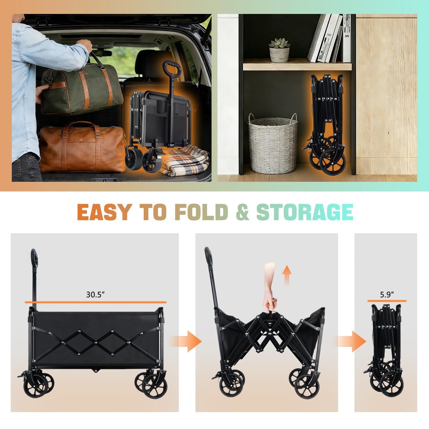 360lbs Foldable Wagon Cart Collapsible - Heavy Duty All-Terrain Portable Lightweight Folding Utility Carts with Wheels, Large Capacity Portable Grocery & Beach Trolley for Shopping, Camping and Sports