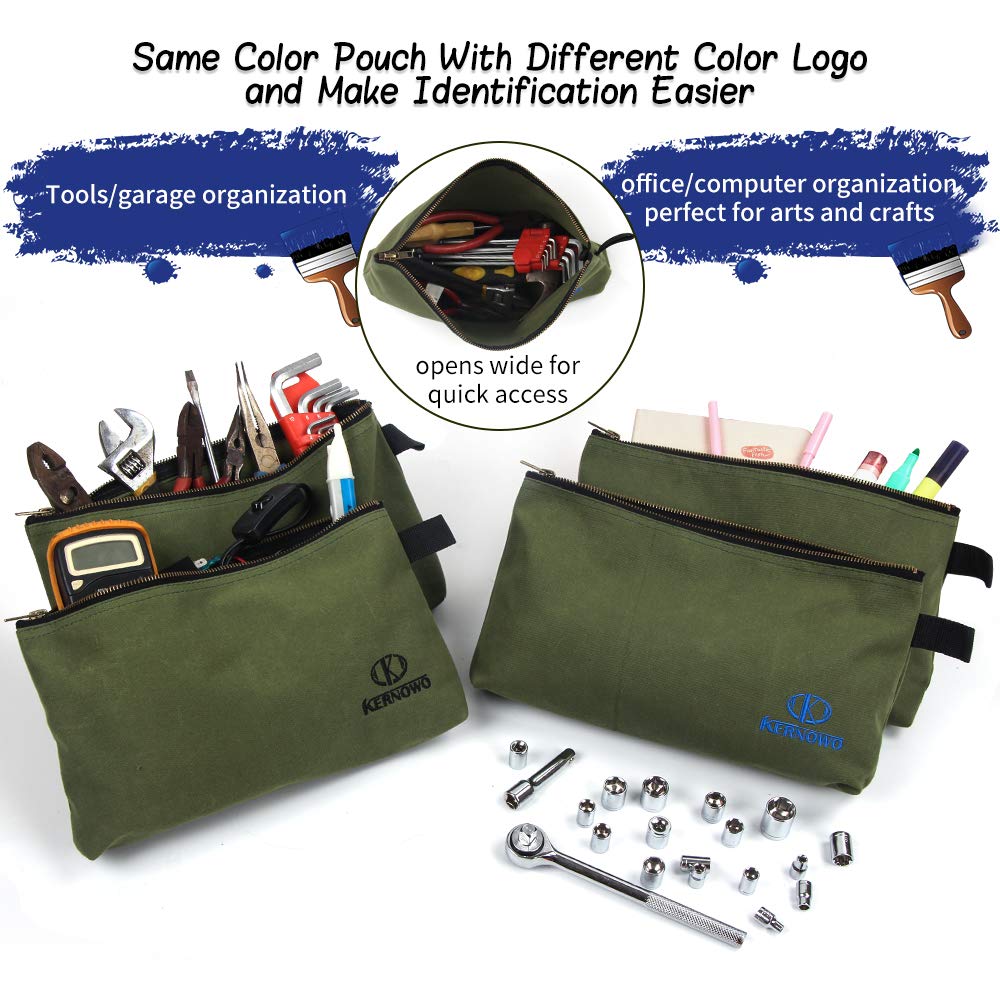 OTEVORP Premium Canvas Tool Pouch Zipper Bag,Small Tool Bag,Multipurpose Storage Pouch(4Pack 12.75x8x2.25 inch 20oz Water Resistant Heavy Duty Army Green Flat Bottom Tool Bag with Brass Zipper)