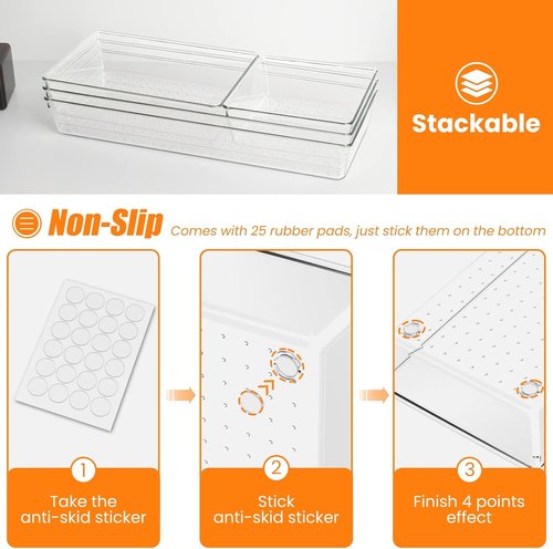 Criusia Clear Drawer Organizer Set - 6 Large Acrylic Trays for Kitchen, Bathroom & Office Storage