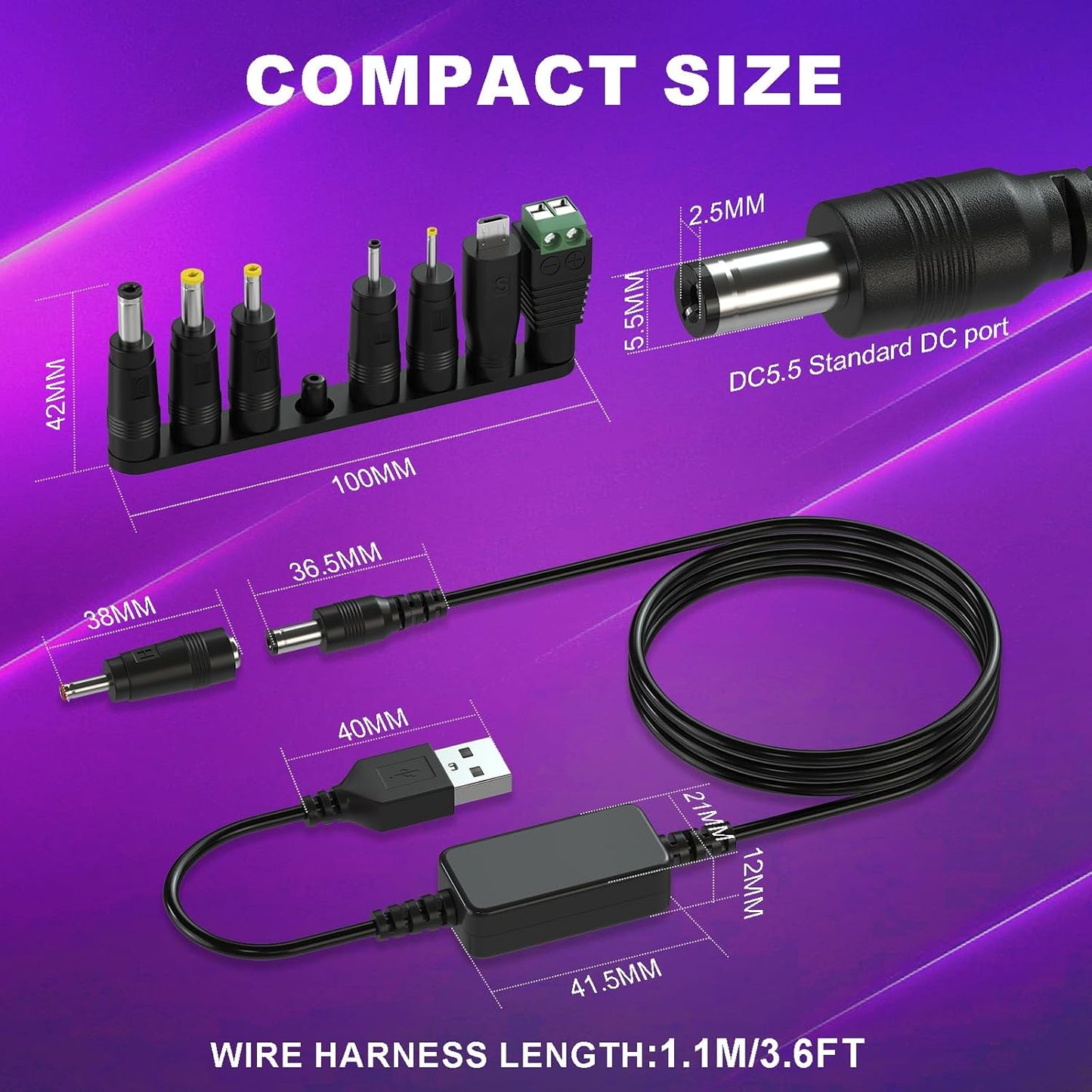 DROK 9v 5v 9v 1.1m/3.6FT 8 USB to Adapter - to Boost Converter, USB to DC Power Cable Step Up Converter with DC Plug