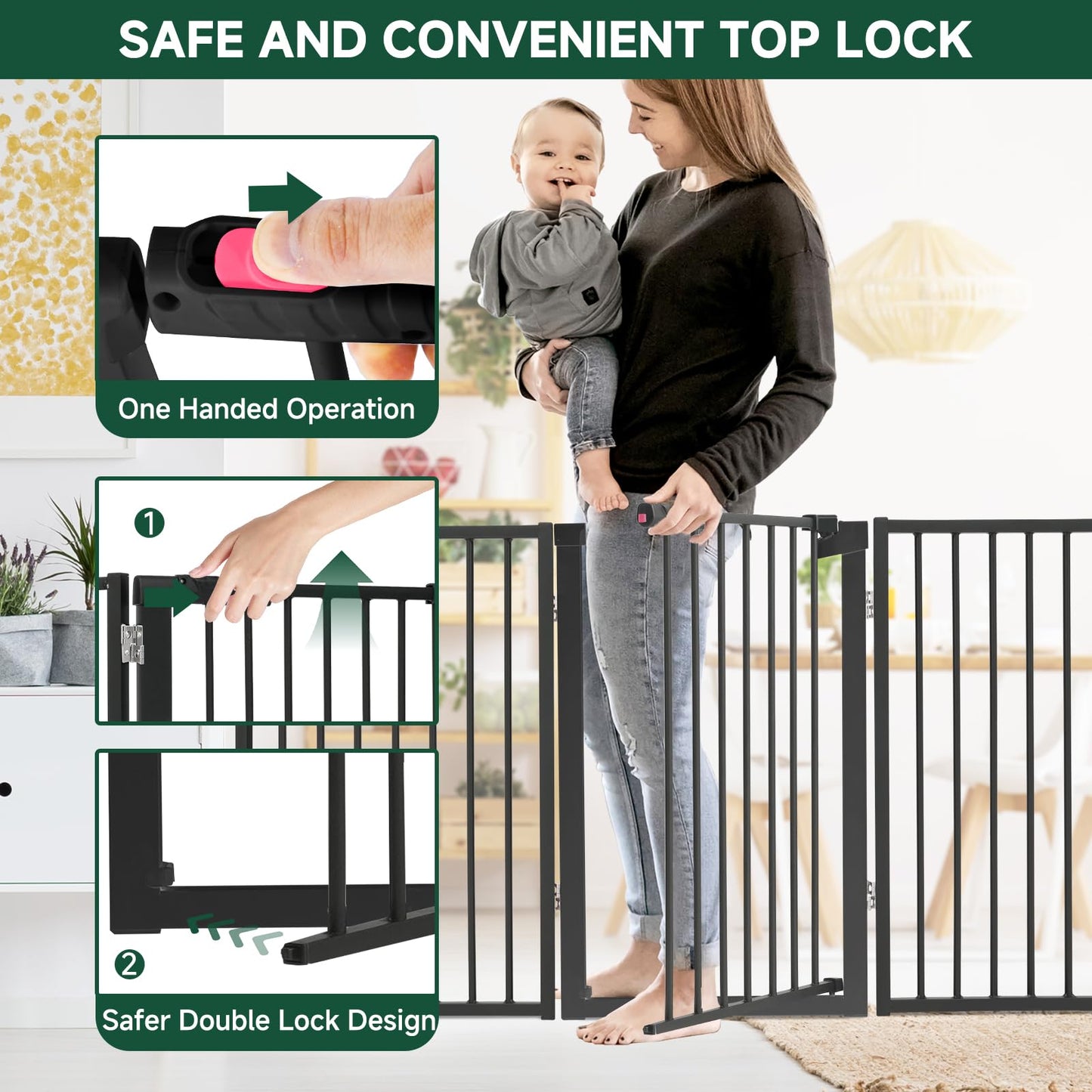Snagle Paw Full Metal Freestanding Dog Gate with Door, 120” W x 32” H Pet Gate with Support Feet for Doorways, Stairs and Hallways, Portable Dog Fence for Indoor Use (32" 6 Panel, Black)