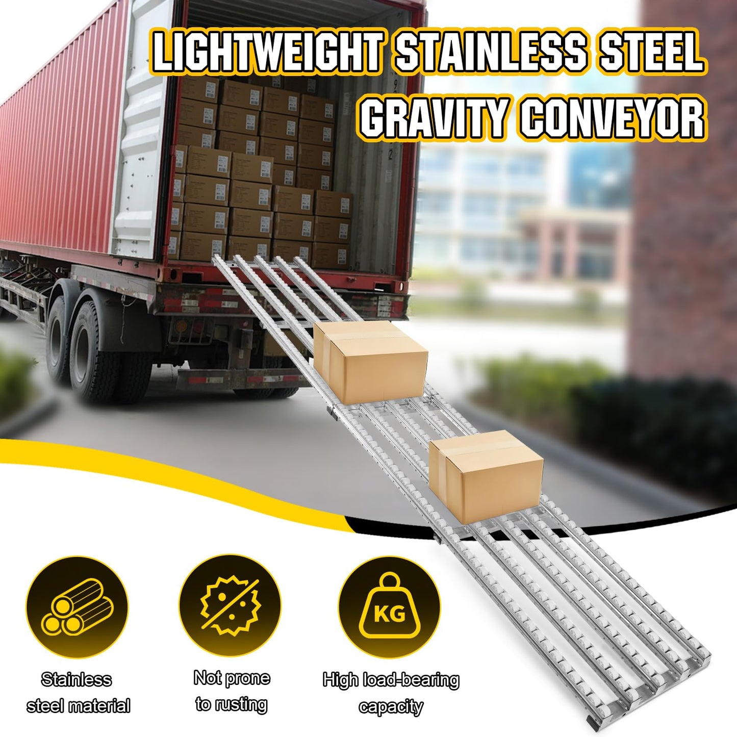 FASDRESS Light-Duty Gravity Conveyor, 118"x20" Unloading Slide Roller with 5-Row Wheels, Alloy Steel Unpowered Transmission Handling Artifact for Warehouse Dock Factory