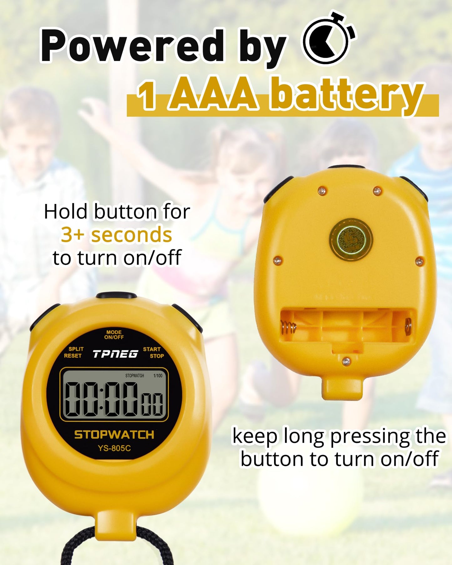 TPNEG Simple Stopwatch Timer - Easy to Use, Set Up, Read, and Carry - Large Display - On/Off, AAA Battery, No Hourly Beep - Ideal for Kids, Track and Field, Sports, Classroom - Stopwatches for Coaches