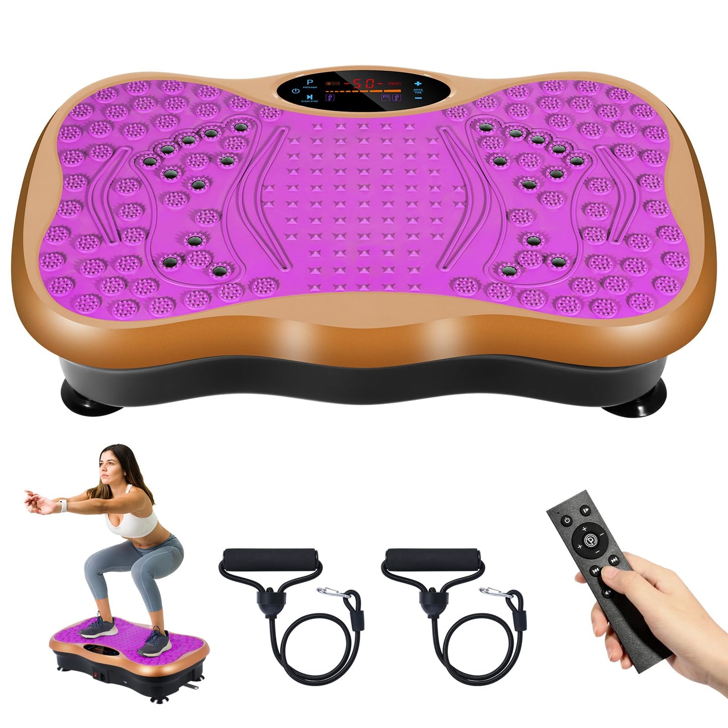 Himaly Vibration Plate Machine, Vibration Fitness Trainer with Bluetooth Speaker, 5 Program Modes, 2 Resistance Bands, Home Exercise Equipment for Fitness Body Toning Black and Purple