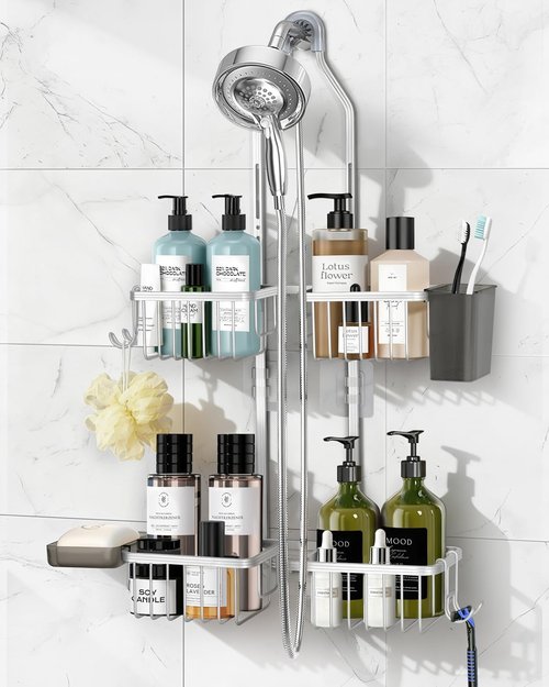 MSAICOE Adjustable Shower Caddy Hanging for Handheld Showerheads - Never Rust Shower Hanging Organizer, Upgraded Bathroom Shower Rack with Soap Basket, Hooks and Toothbrush Holder (Silver)