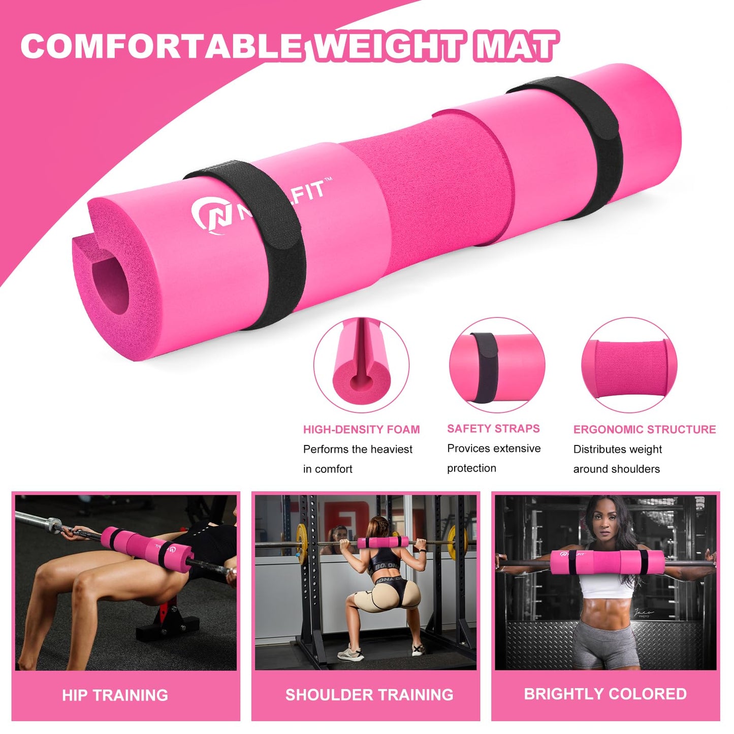 NEALFIT Barbell Pad Squat Pad for Squats—Squat Bar Pad—Great for Weightlifting,Lunges and Hip Thrusts—Foam Sponge Pad—Fit Standard and Olympic Bars Perfectly (Pink)