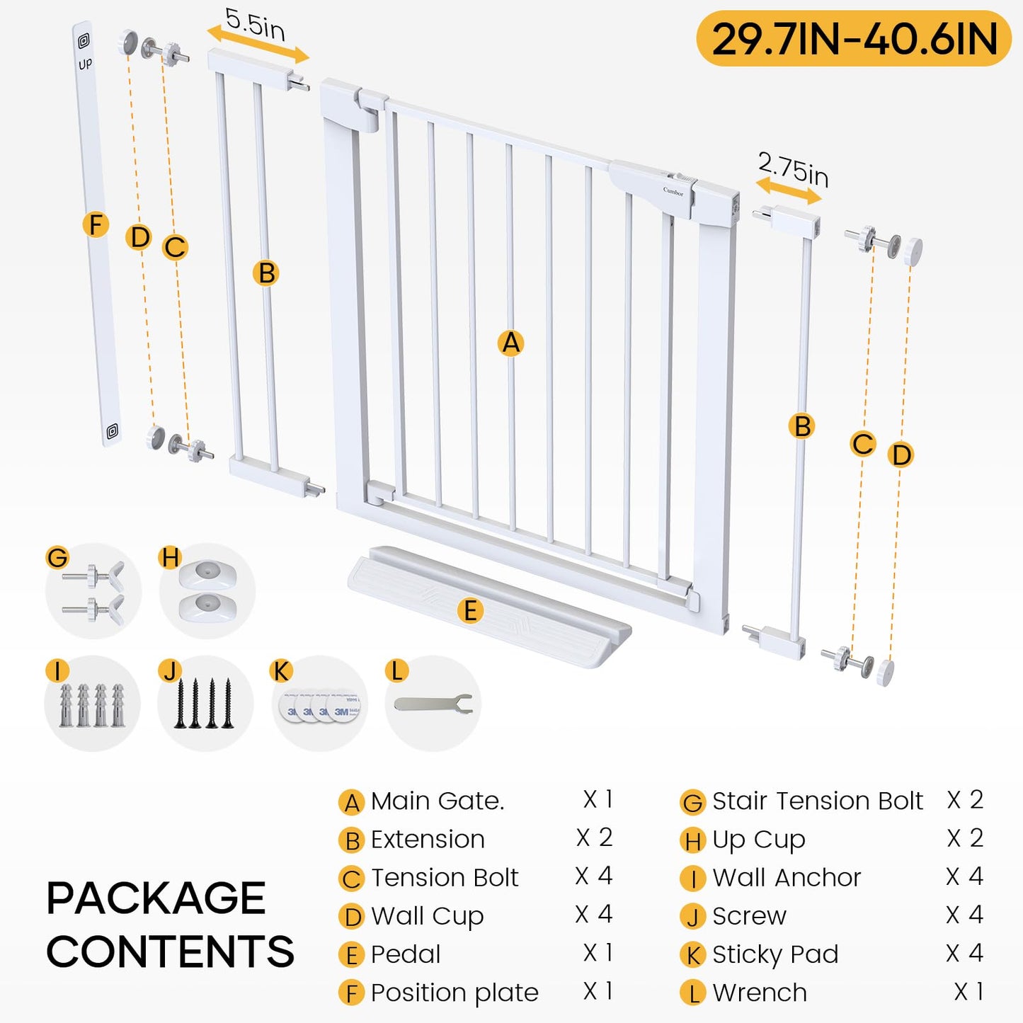 Cumbor 29.7-40.6" Baby Gate for Stairs, Mom's Choice Awards Winner-Dog Gate for Doorways, Pressure Mounted Auto-Close Pet Gates for Dogs Indoor, Safety Child Gate with Easy Walk Thru Door, White