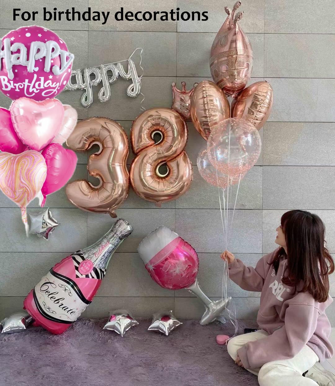 Rose Gold Crown Mylar Balloons - Large Round Pink Birthday Balloons Set for Women's Celebrations