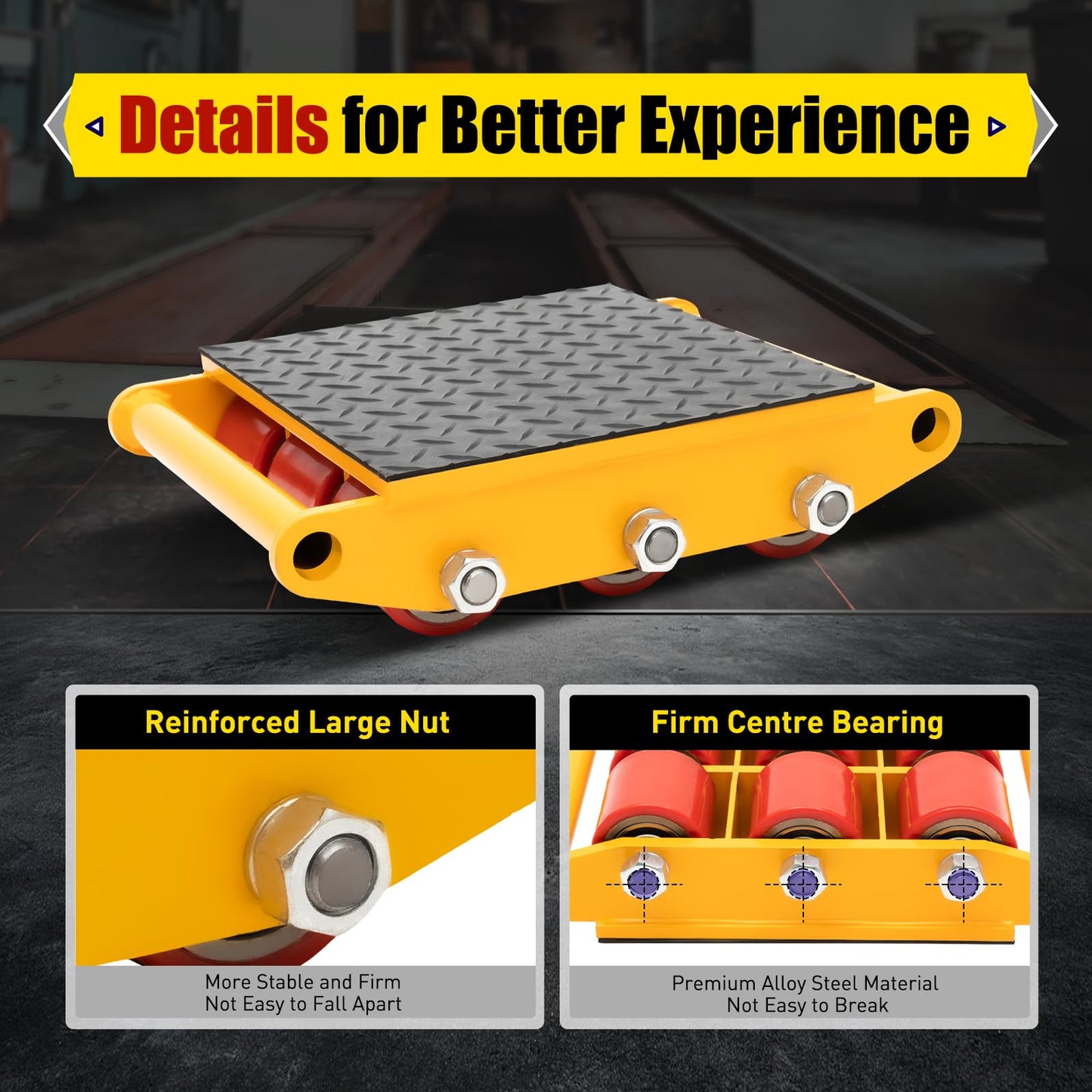 Machinery Skates, 33069.34lbs Max Capacity Industrial Machinery Mover with 9 Rollers, Heavy Duty Machine Dolly Skate for Industrial Moving Equipment, Yellow, 1pc