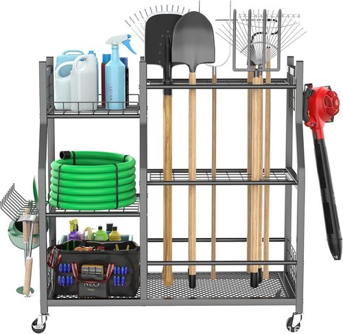 Garden Tool Organizer Rack by Extra Large | Heavy-Duty Storage Stand with Wheels for 60+ Tools - Black