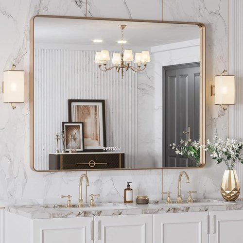 LOAAO Gold Bathroom Mirror - Rounded Rectangle Design, Anti-Rust Tempered Glass, 40" x 32" | Wall-Mounted Vanity Mirror