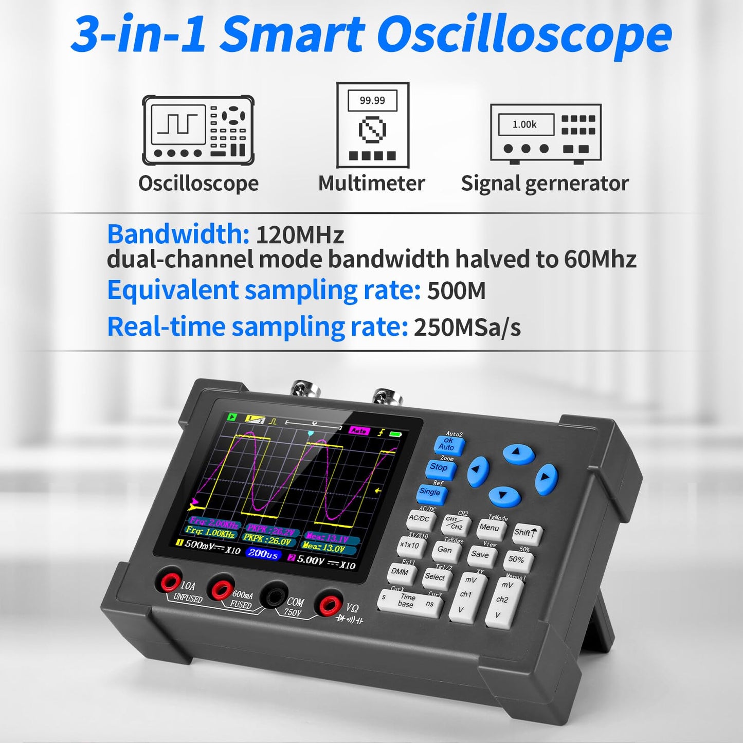 LCD Handheld Digital Oscilloscope Kit - 2 Channel 3.2" TFT Multimeter Oscilloscope Signal Generator Mini Automotive Oscilloscope Bandwidth 120Mhz Digital Oscilloscopes Portable 250MSa/s Sampling Rate