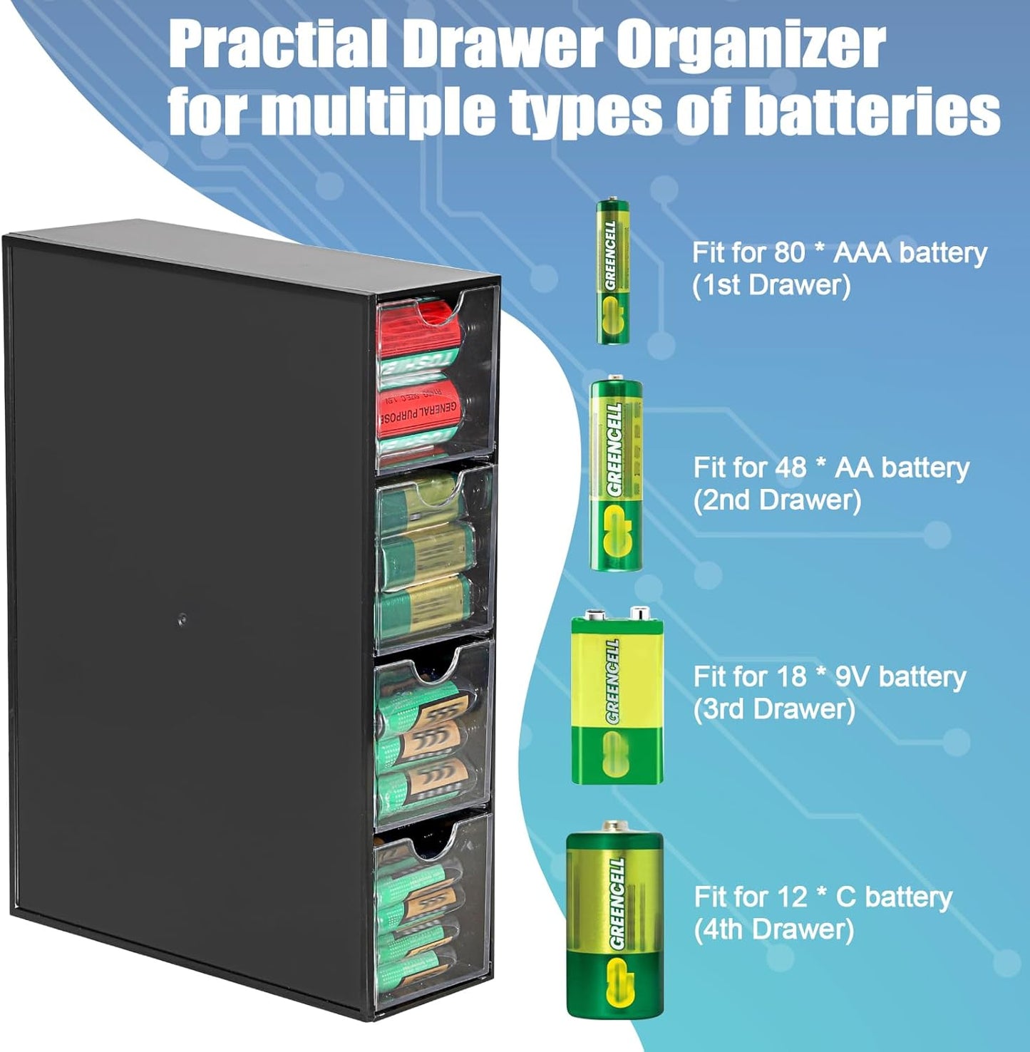 1 Pack 9V, 4-Drawer Common BTSKY Black Acrylic Battery Storage Organizer for AA, AAA, C Batteries, Storage Box Battery