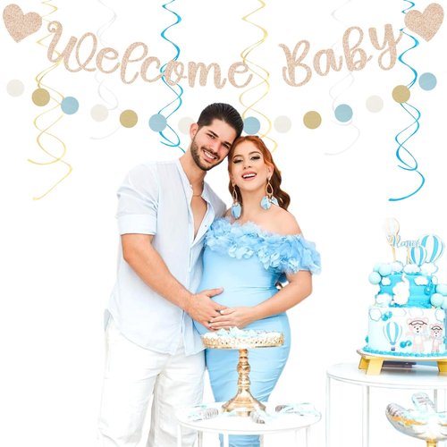 Light-Dusty Blue Boho Baby Shower Party-Decorations - 21pcs Beige Champagne Boy Neutral Welcome Baby Banner Decor,Paper Lanterns Pom Poms Fan Supplies,Streamers Garland Wall Backdrop Favors Huglony