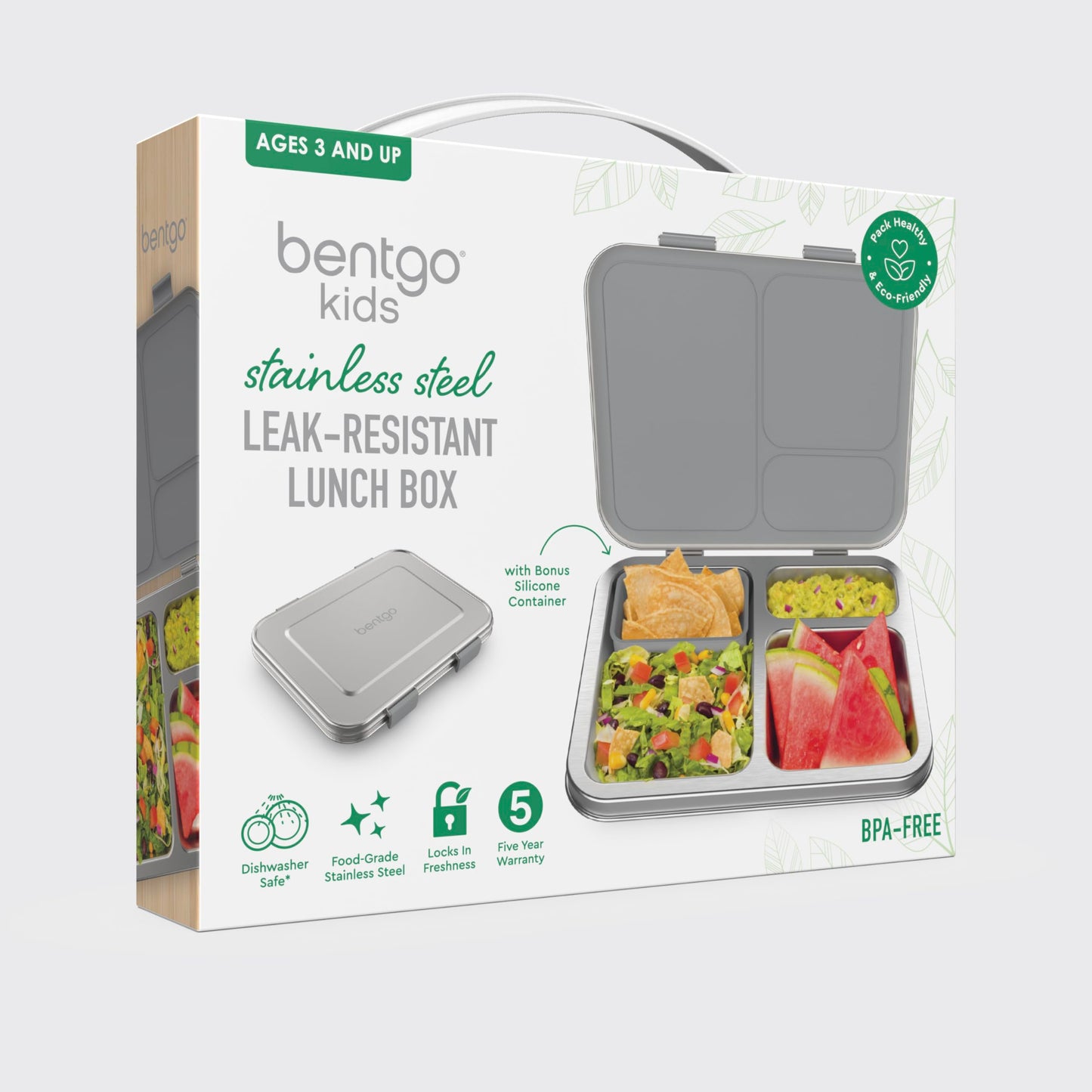 Bentgo Kids Stainless Steel Leak-Resistant Lunch Box - 3-Compartments with Bonus Silicone Container, Durable, Eco-Friendly, Dishwasher Safe, BPA-Free, Ideal for School, Ages 3+ (Silver)