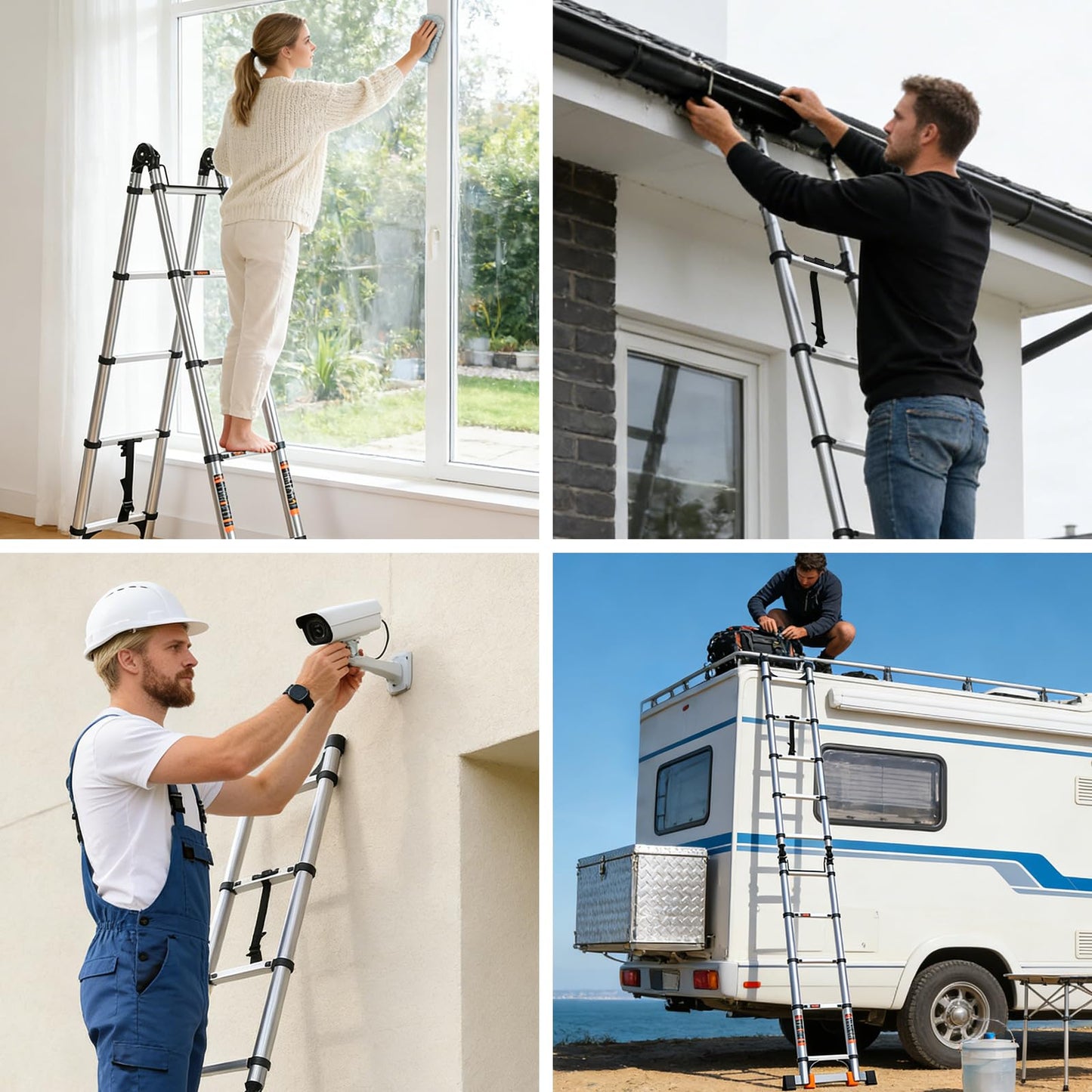 Telescoping Ladder 12.5 FT A Frame, Extension Multi-Purpose with Balance Bar Heavy Duty 330 lbs Max Capacity for Home and Outdoor Work, Silver