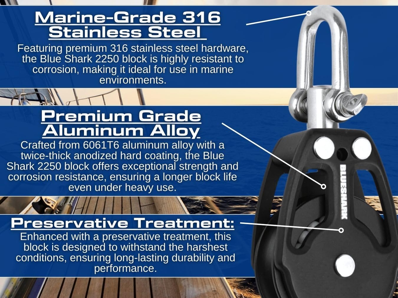 Blue Shark 2250-38mm Single Swivel Block - Max Line: 3/8” (10 mm), Safe Working Load (SWL): 900 lbs, Breaking Load: 2200 lbs (1-Pack)