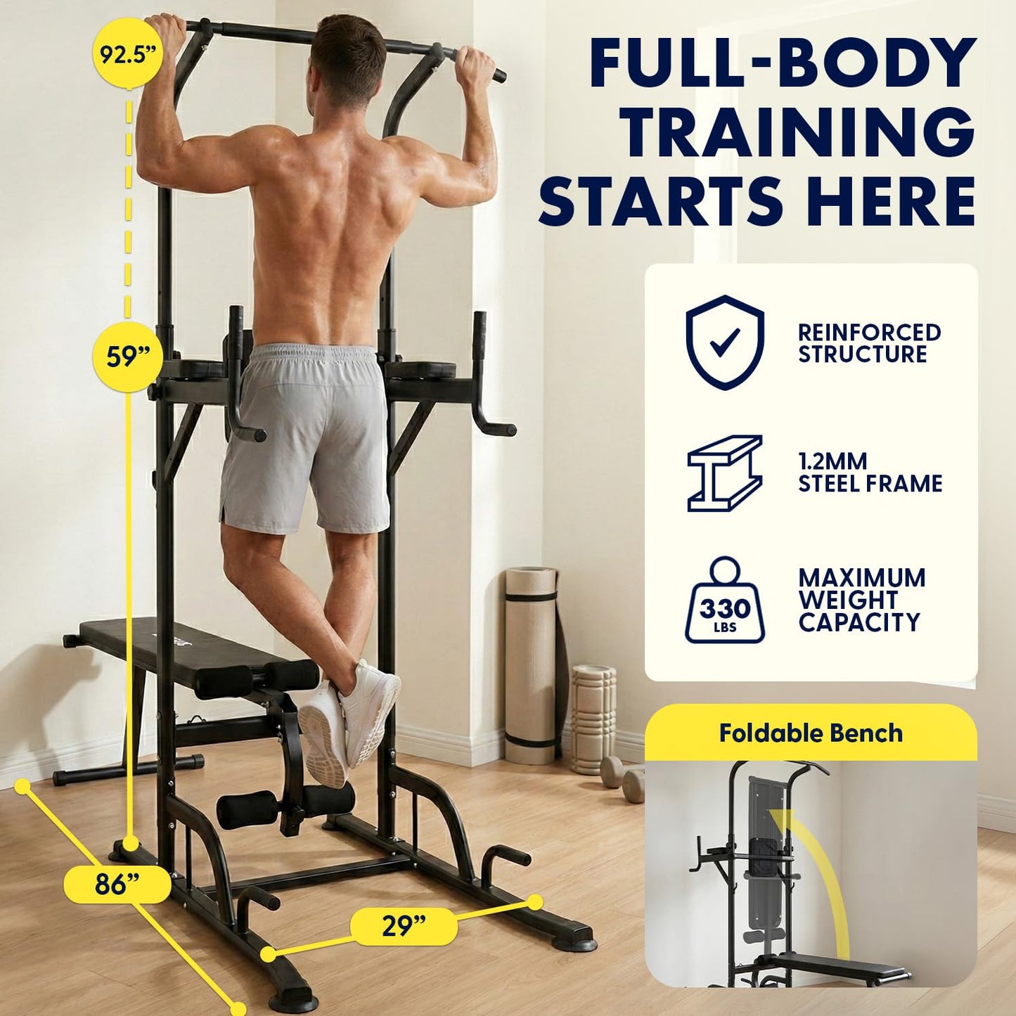 SQUATZ Pull-Up Workout Station with Bench - Multifunctional Gym Equipment with Pulling Bar, Sit-Up Board, Backrest, Elbow Pad, & Steel Main Frame, Great for Home Exercise and Weight Training, 330LBS
