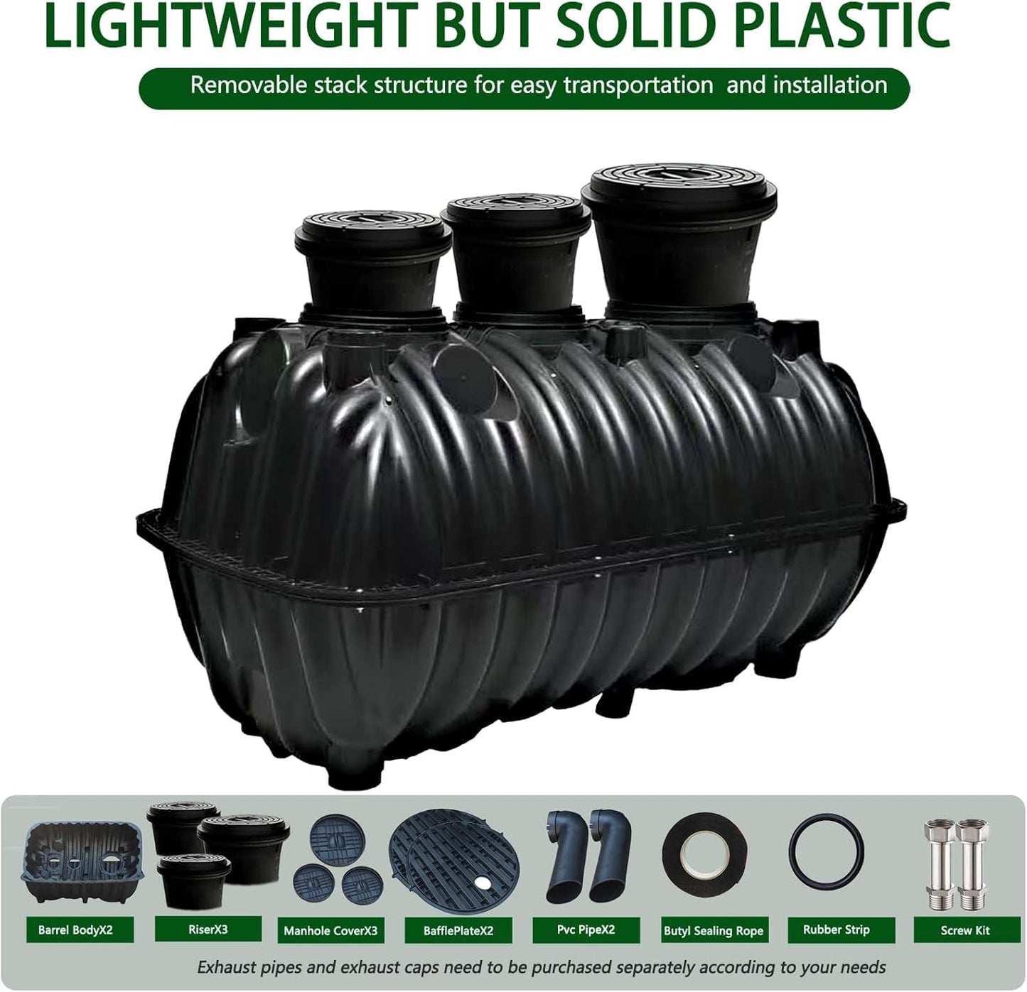 264gal Underground Septic Tank Kit Plastic Septic Tank System,Rectangle Anti Corrosion PP Septic System with Riser and Manhole Covers for 3-5 Persons (264gal)