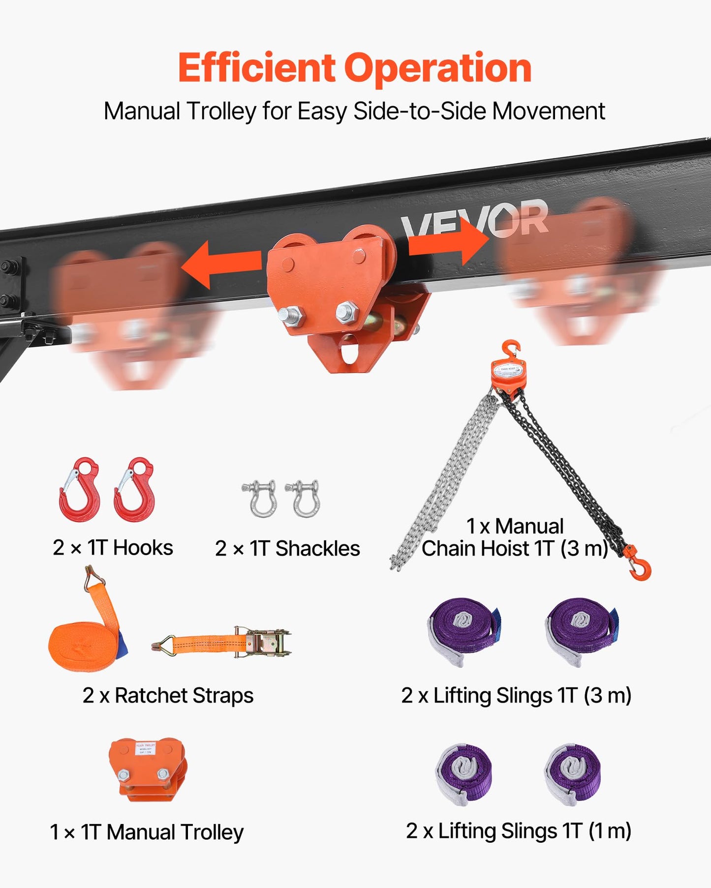 VEVOR Adjustable Gantry Crane, 2200 lbs Capacity, Portable Shop Lift Hoist with 95.7-142.9 in Height Adjustable, Manual Trolley, Hoist, Sling, Shackles, Hooks, for Garage Factory Warehouse Auto Repair