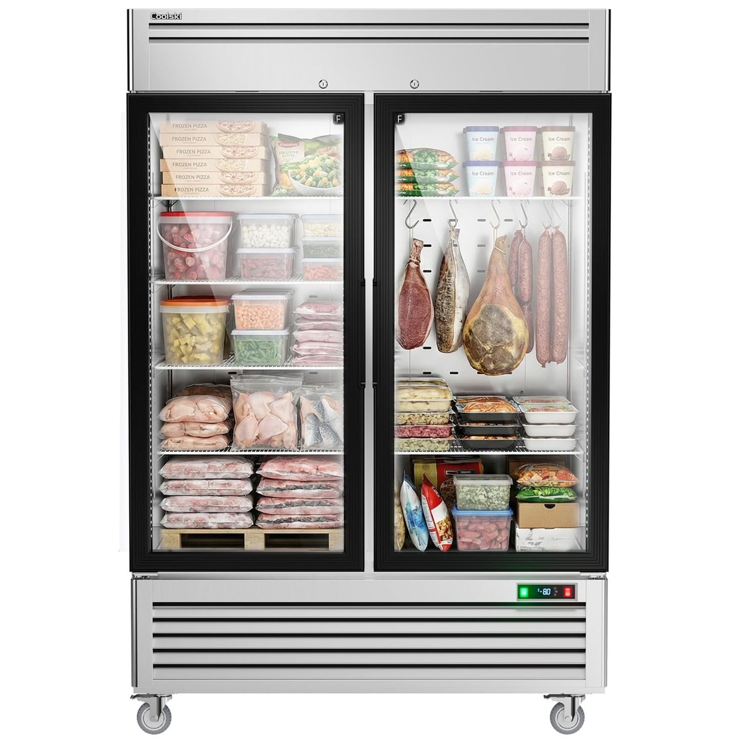 Coolski 54" W 2 Glass Door Commercial Freezer, Upright Display Freezer with Adjustable Heavy Duty Shelves, Auto Defrost, LED Interior Light, ETL DOE Certified for Stores and Cafés
