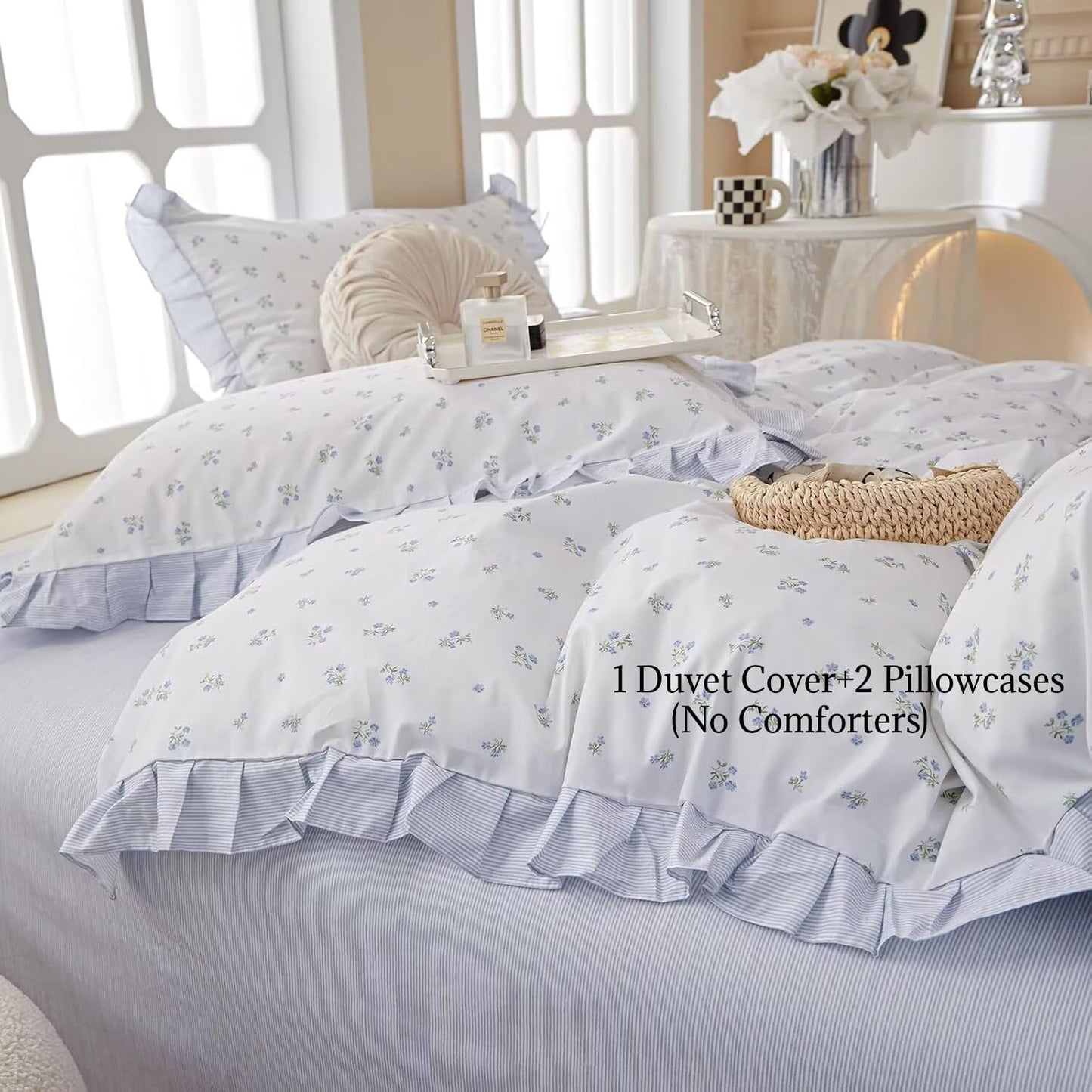 AMZTOP Duvet Cover Queen Size Chic Blue Ruffle Floral 100% Cotton Set, 3Pcs Teen Girls Flower Comforter Cover with Zipper Closure, Princess Queen Bedding Sets 90"x90"